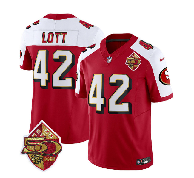 Men's San Francisco 49ers #42 Ronnie Lott Red/White 2023 F.U.S.E. 50th Patch Throwback Football Stitched Jersey - Click Image to Close